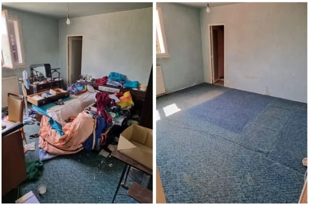 Chambre encombrée après succession, rendue vide