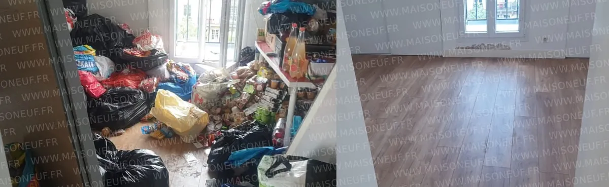 Pièce à vivre envahie par les objets, retrouvée vide et propre