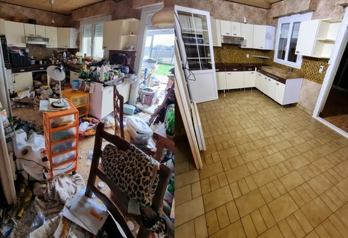 Cuisine encombrée puis entièrement débarrassée et nettoyée